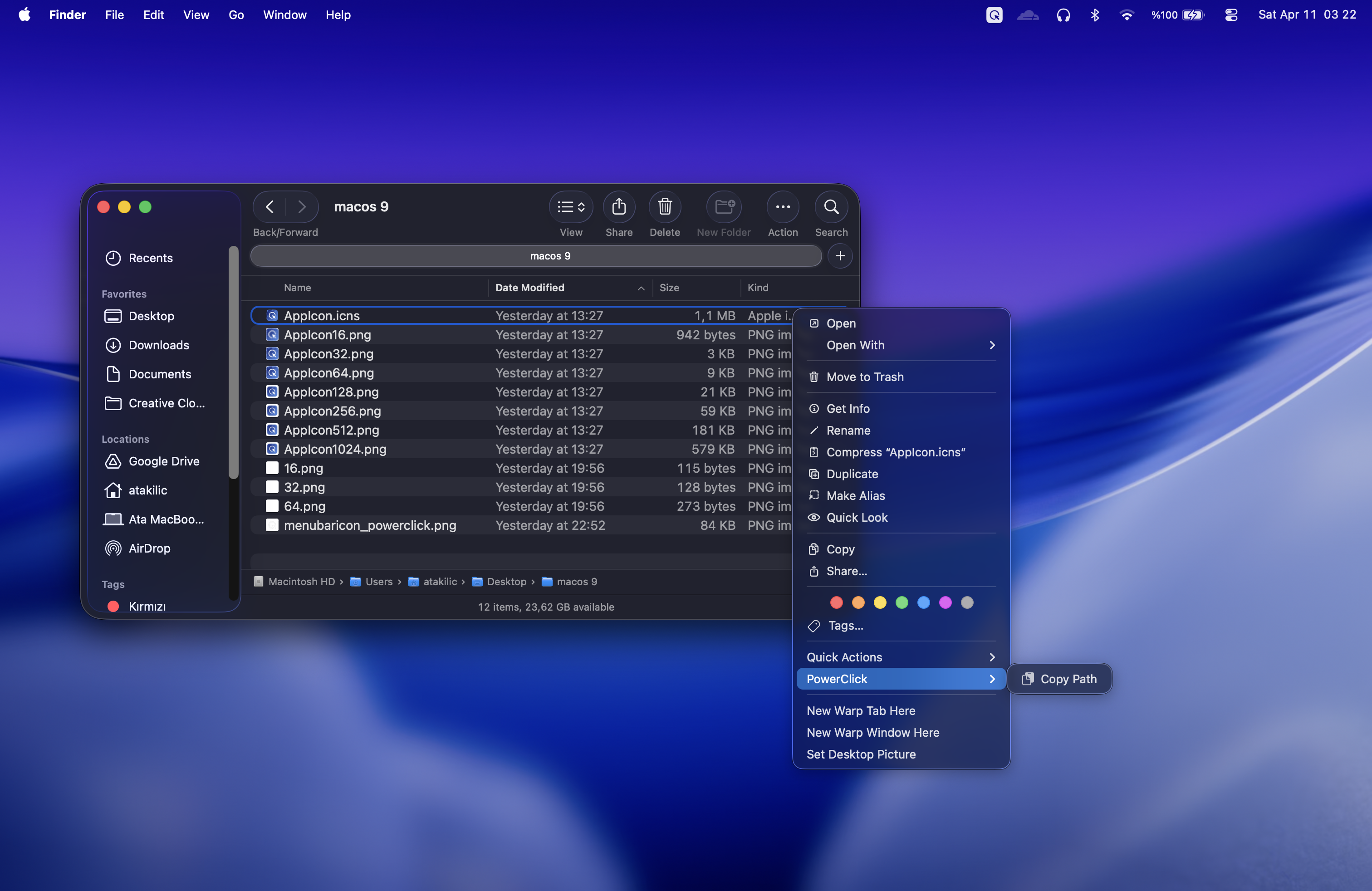 PowerClick Finder context menu actions for a selected file