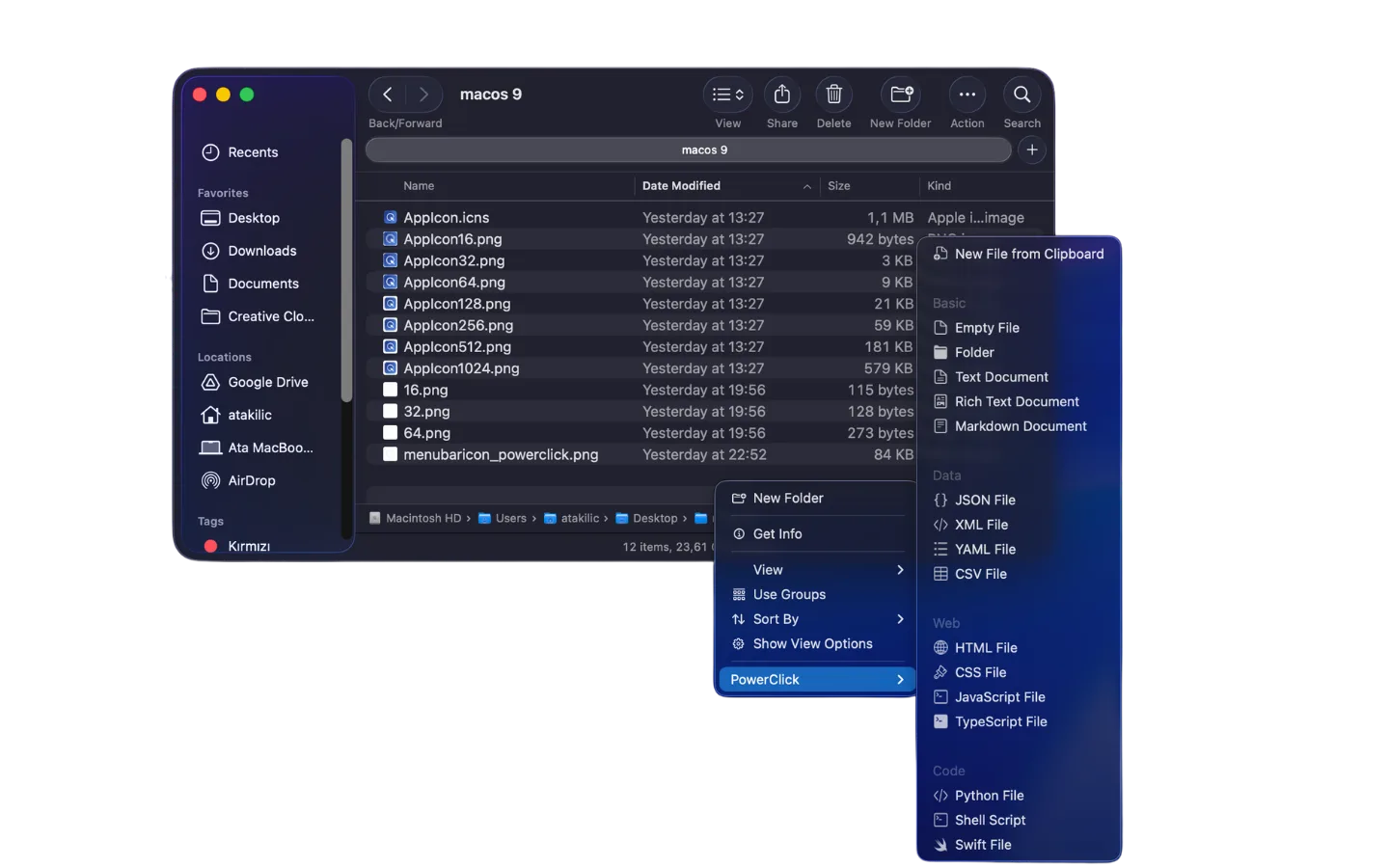PowerClick actions inside the macOS Finder right-click menu