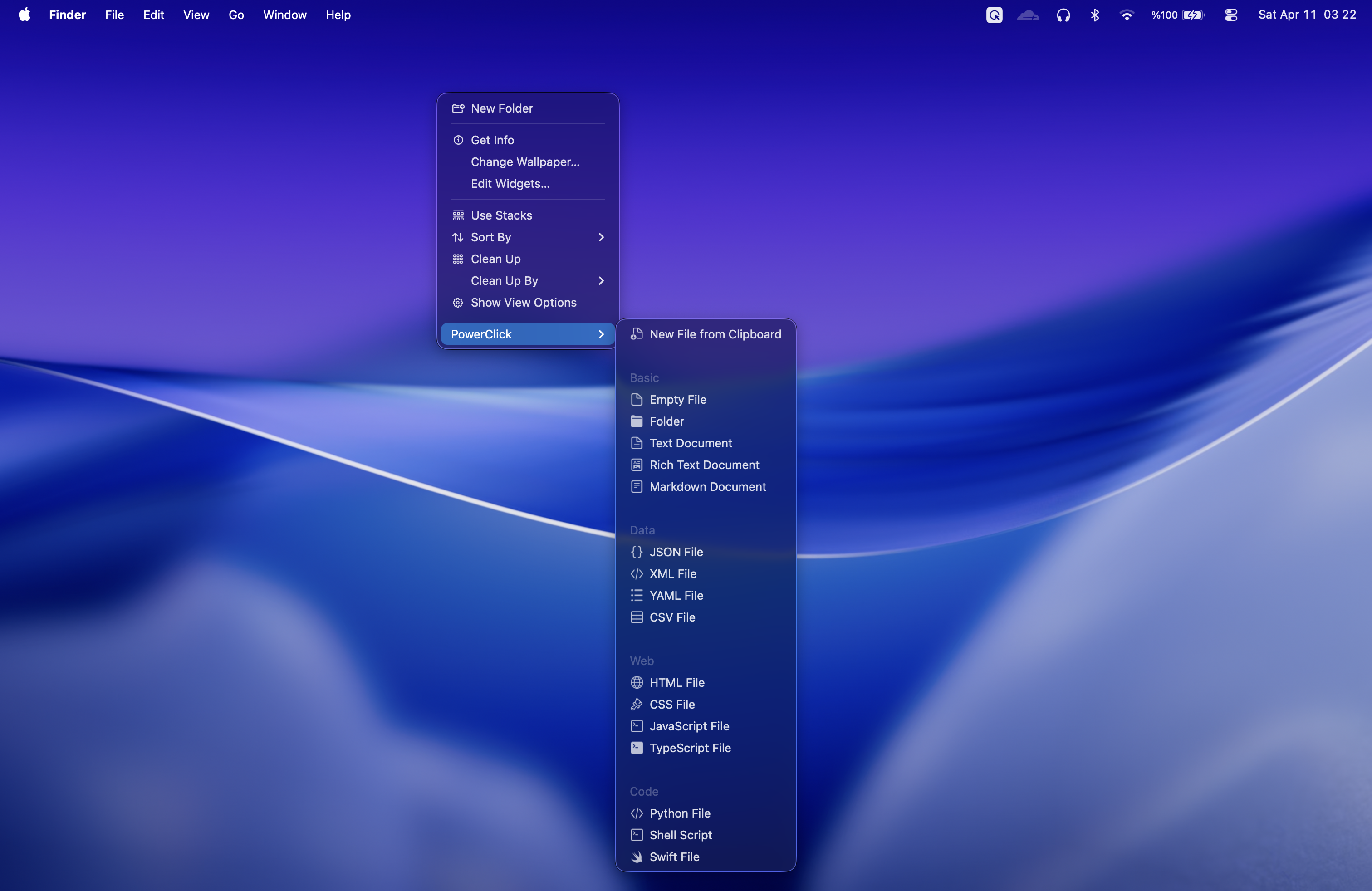 PowerClick New File menu on the macOS Desktop right-click menu
